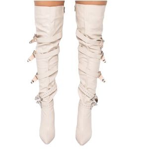 Dolls Kill Bone Vegan Leather Tall Slouchy Knee High Stiletto Heel Boots